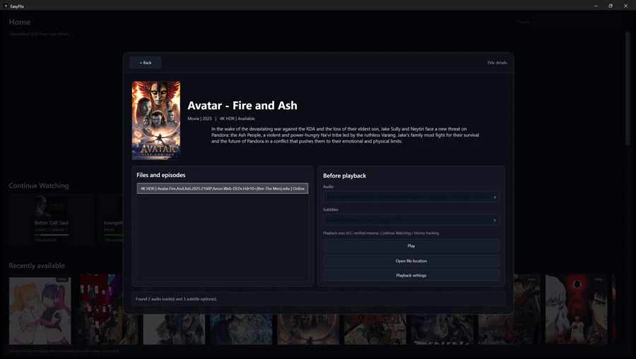 EasyFlix title details overlay with local media and playback controls