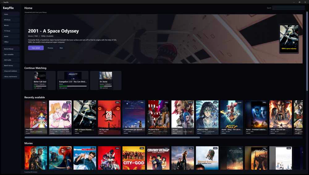 EasyFlix home screen showing a real local media library